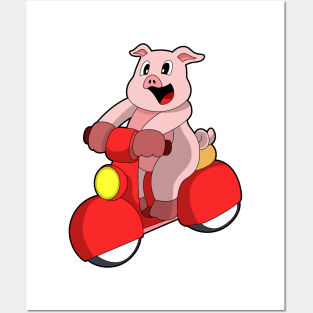 Pig as Biker with Scooter Posters and Art